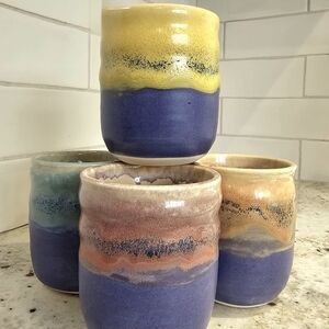 Stoneware Art Studio Pottery Lavender Mist Mugs Set 4